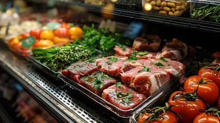 A display of meat and vegetables in a grocery store