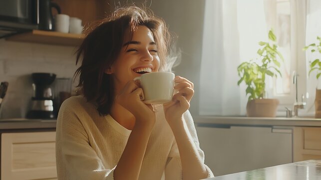 Carefree casual young beautiful happy smiling woman drinking coffee in lazy morning at comfy home interior Young woman enjoying fresh aromatic coffee in modern kitchen : Generative AI