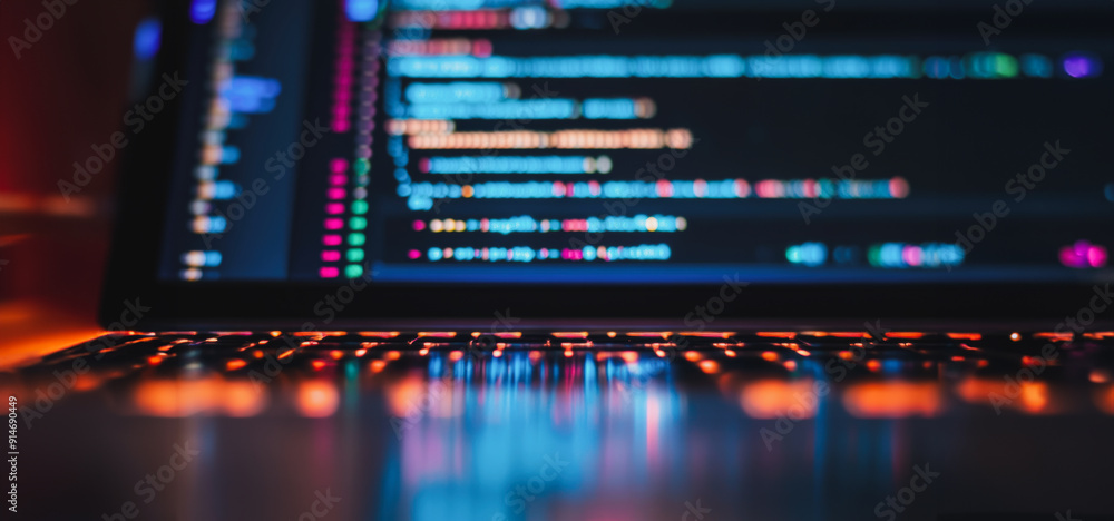 Poster close-up of a laptop keyboard illuminated by colorful coding text at night