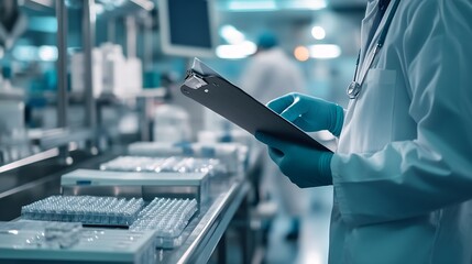 Pharmaceutical factory worker operating production line at pharmacy industry man use clipboard for control quality Blue light toning manufacturing surgery kit box : Generative AI