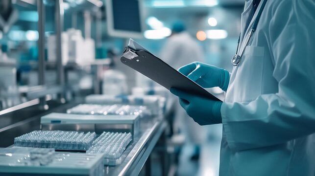 Pharmaceutical factory worker operating production line at pharmacy industry man use clipboard for control quality Blue light toning manufacturing surgery kit box : Generative AI