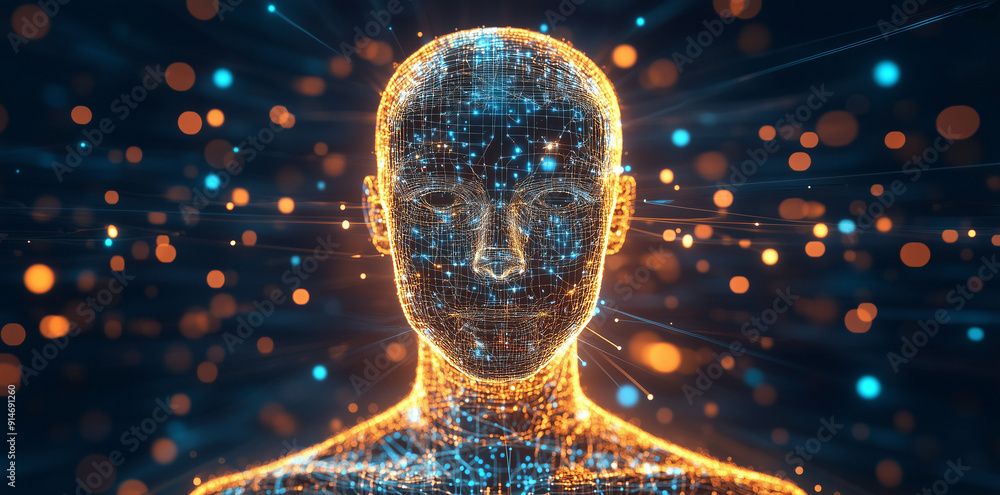 Poster a futuristic figure of glowing particles on a dark background representing advanced technology and a