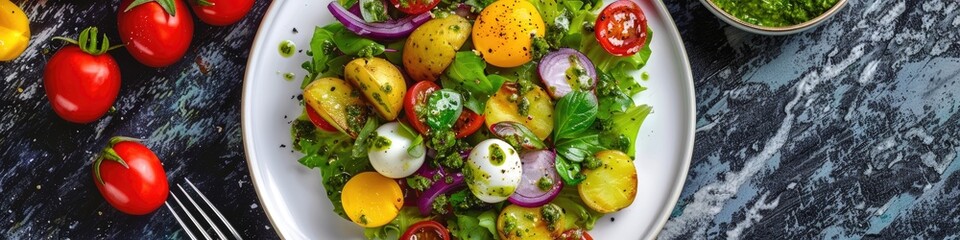 Top view of homemade salad with colorful new potatoes quail eggs and pesto dressing