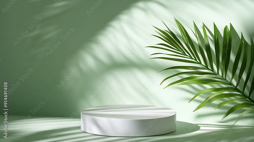 Poster Minimal abstract background for the presentation of a cosmetic product Empty premium podium with a shadow of tropical palm leaves on a green background Showcase display case : Generative AI
