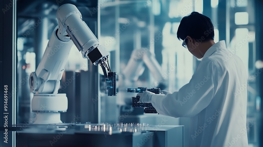 Poster industry 40 engineer use monitoring system software and record data of ai robotics automatic arms ma