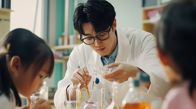 Young asian male teacher conducts a science experiment with diverse children in school : Generative AI