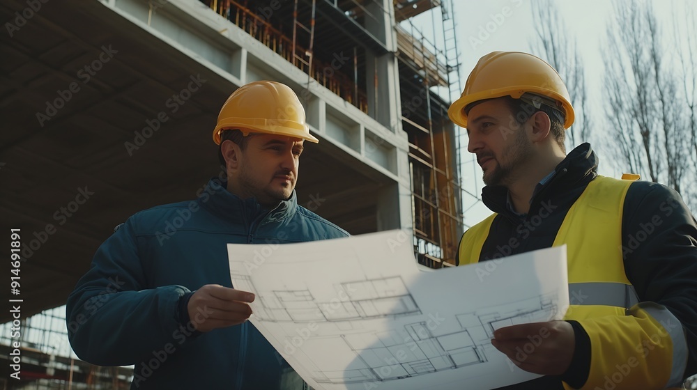 Wall mural Engineers and Architect Caucasian looking at blueprint of building construction planning the work in a professional inspector is looking at steel structure and materials at constructio : Generative AI