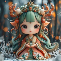 Adorable Fairy Doll with Antlers and a Crown in a Wintery Setting