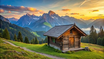 Obraz premium Cozy little hut with a breathtaking mountain view, hut, cozy, cabin, mountain, view, peaceful, retreat, nature, remote