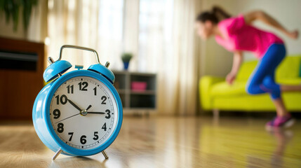 Blue clock on the floor with a person exercising nearby