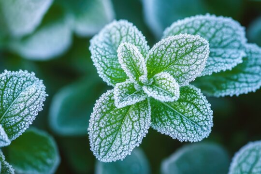 Green mint leaves covered in frost. This photo represents a change in seasons or winter.