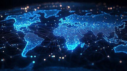 Blue abstract digital map of world map with lines and dots connected. Suitable for travel, navigation, cartography, geography, cyber technology concepts, data transfer and business information network