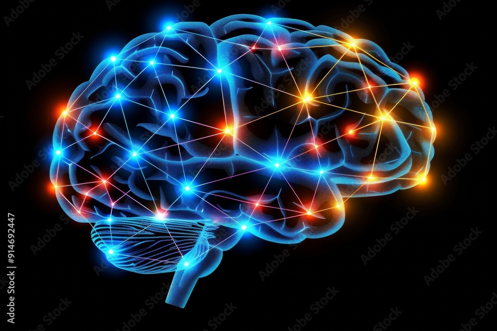 Poster neon brain network a vivid portrayal of cognitive functions and mental connectivity in a futuristic 