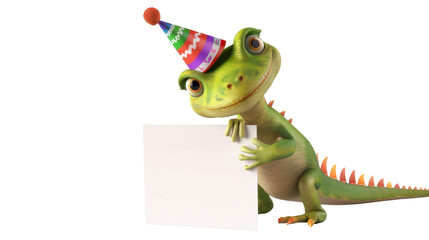 Naklejka premium Birthday lizard holding a blank sign on transparent background