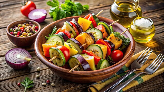 Verduras picadas y maceradas en un bol de cristal para hacer brochetas a la plancha