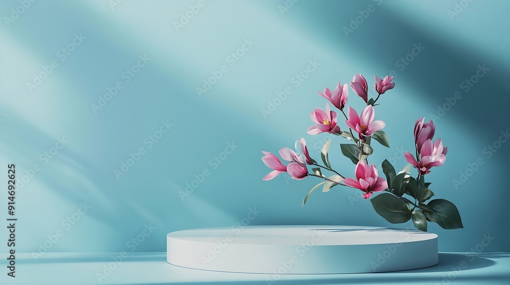 Poster Abstract empty white podium with geometric shadows and pink flowers on blue background Mock up stand for product presentation 3D Render Minimal concept Advertising template : Generative AI