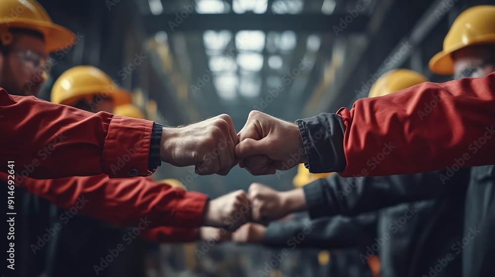 Fototapete Group of industrial factory workers bumping fists togethershowing gesture for teamwork or unity : Generative AI