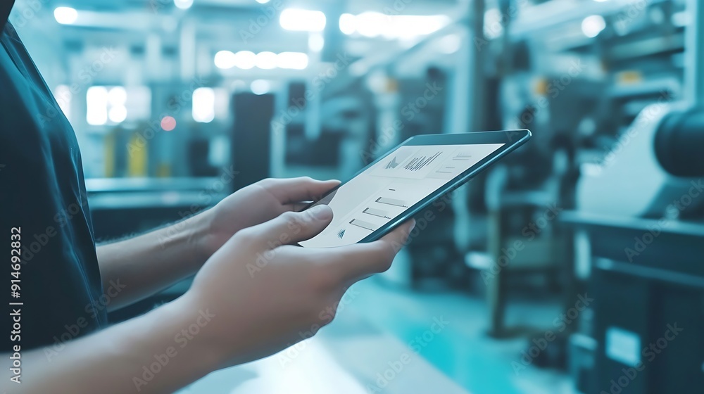 Fototapete Smart industry control conceptHands holding tablet on blurred automation machine as background : Generative AI