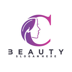 Letter C beauty logo design. Woman face silhouette isolated on letter C.