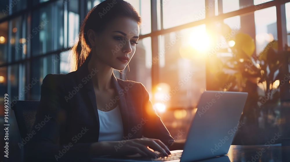 Poster cropped image of professional businesswoman working at her office via laptop young female manager us