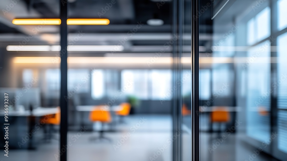 Poster beautiful blurred background of a modern office interior in gray tones with panoramic windows glass 