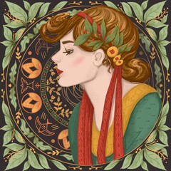 
Portrait of a young girl against the background of a decorative circle in art nouveau style, stylized painting
