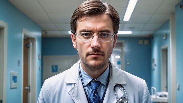 Hombre m&eacute;dico en sala de urgencias,. Porta bata y estetoscopio. Foto realista. 
