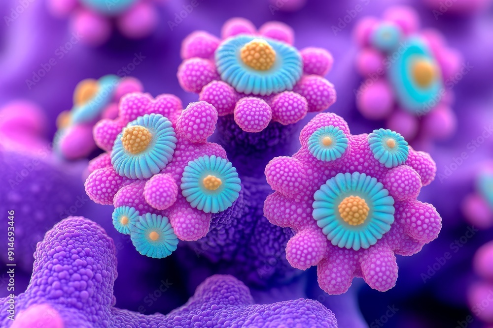 Poster microscopic view of vibrant virus models illustrating the complex and colorful nature of microscopic