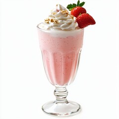 A refreshing strawberry milkshake topped with whipped cream, granola, and fresh strawberries, served in a classic glass. Perfect for dessert or a sweet treat.