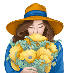 A young girl in a hat with a large bouquet of yellow poppies, in blue and yellow colors