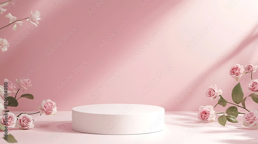 Poster abstract minimal nature scene empty stage and white podium on pink background and soft shadows of ro