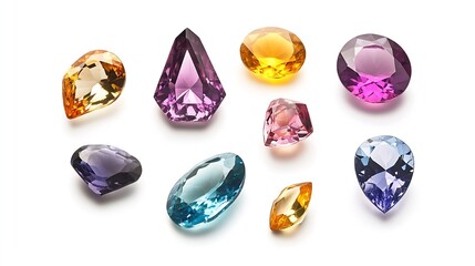 Fototapeta premium Bright gems onJewel or gems isolated on white background Collection of many different natural gemstones a white backgroundNatural Sapphire gemstone Jewel or gems on black shine color C : Generative AI