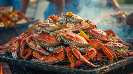 A Pile of Cooked Crabs on a Black Grill