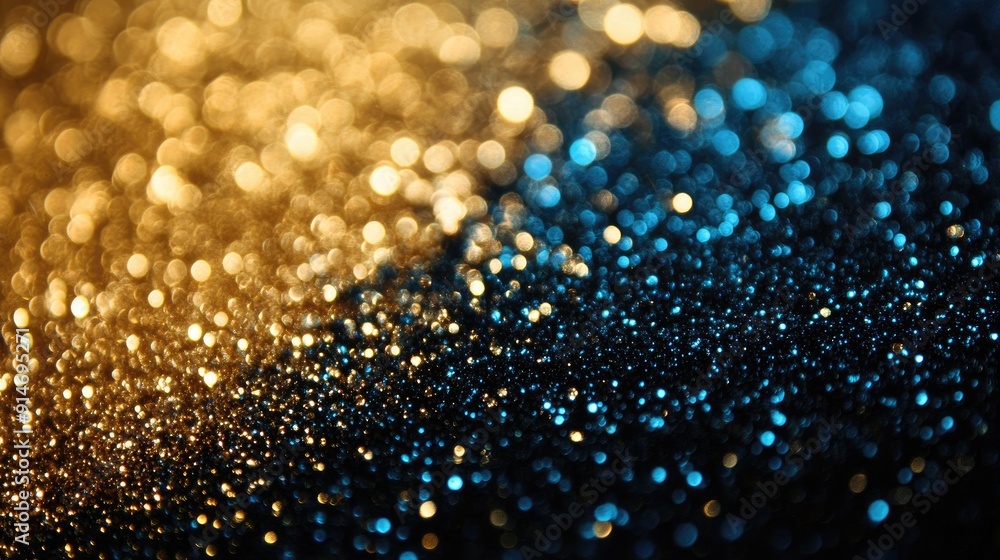 Poster blue and gold glitter bokeh background. perfect for adding a touch of sparkle to your design.