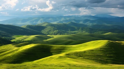 Obraz premium Rolling Hills and Mountains under a Cloudy Sky