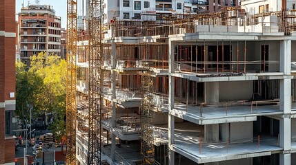 Construction site for apartment buildings seen in Barcelona Spain : Generative AI