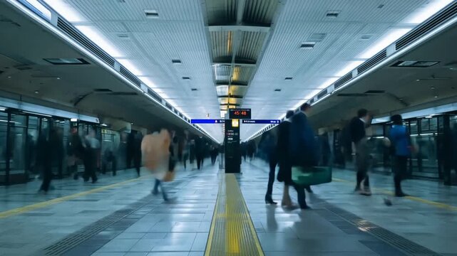 Subway station with commuters walking in blurred motion, capturing the fast-paced environment, modern architecture, and dynamic energy of urban transit during rush hour in a bustling city. 