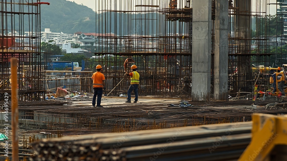 Poster two asian engineer working at site of a large building projectthailand peoplework overtime at constr