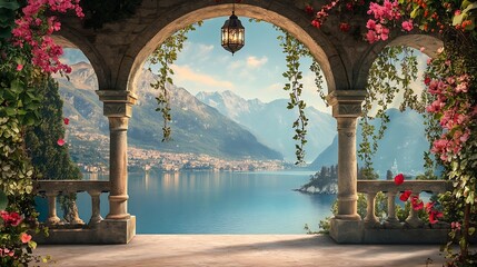 Beautiful Arab arch with flowers lanterns views of the mountain lake and stones Digital collage...