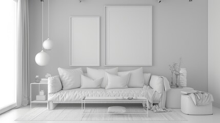 White interior with sofa, armchair, posters, lights, and carpet.