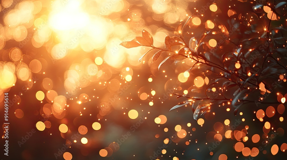 Poster golden bokeh lights with a branch. use for backgrounds or to represent hope and magic.