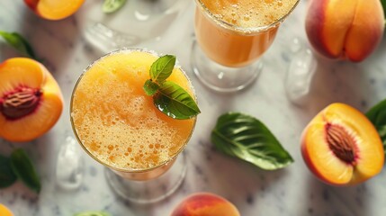 Peach Cocktails with Basil Garnish