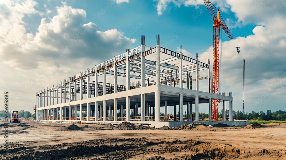 Poster a new factory building is erected on a construction site : generative ai