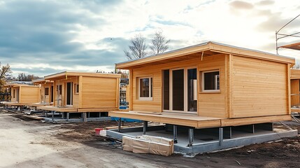 Production of new wooden modular houses Construction site : Generative AI