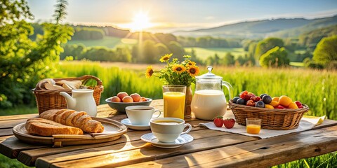 Organic breakfast spread on a rustic table in the peaceful countryside setting , countryside, organic, breakfast, nature, tranquil