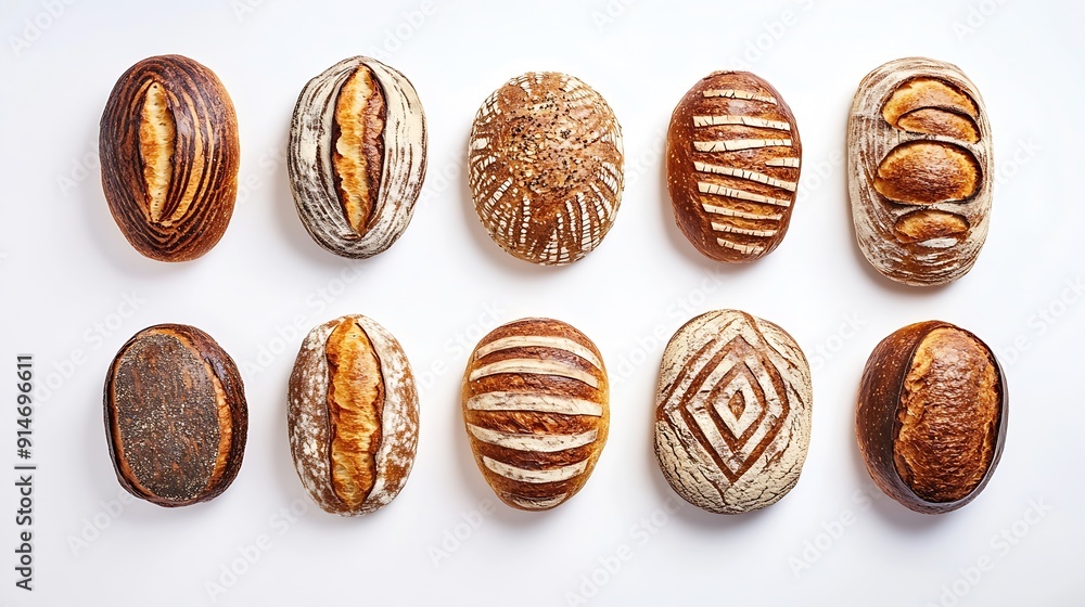 Poster an array of freshly baked sourdough breads with distinct artisanal patterns isolated on a clean whit