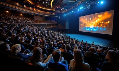 Large Conference Hall with Business Representatives Engaged in Discussions and Presentations, Featuring a Huge Screen Displaying Latest Technology Products
