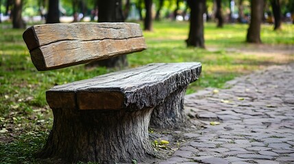 Naklejka premium Old Shabby Wooden Bench in Park Made of a Single Tree Trunk Outdoor Architecture Wood Benches Outdoor Chair Public Furniture Rustic Bench in Recreation Area : Generative AI