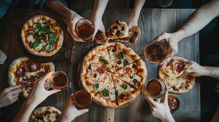 Group friends and party with pizza lunch and diversity for joy or fun with youth Men Women and fast food with drink social gathering and snack for celebration or eating at italian pizz : Generative AI
