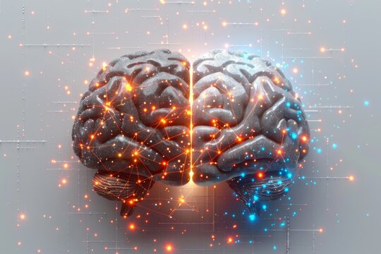 Brain exploding with vibrant particles symbolizing intense cognitive activity and creative outbursts